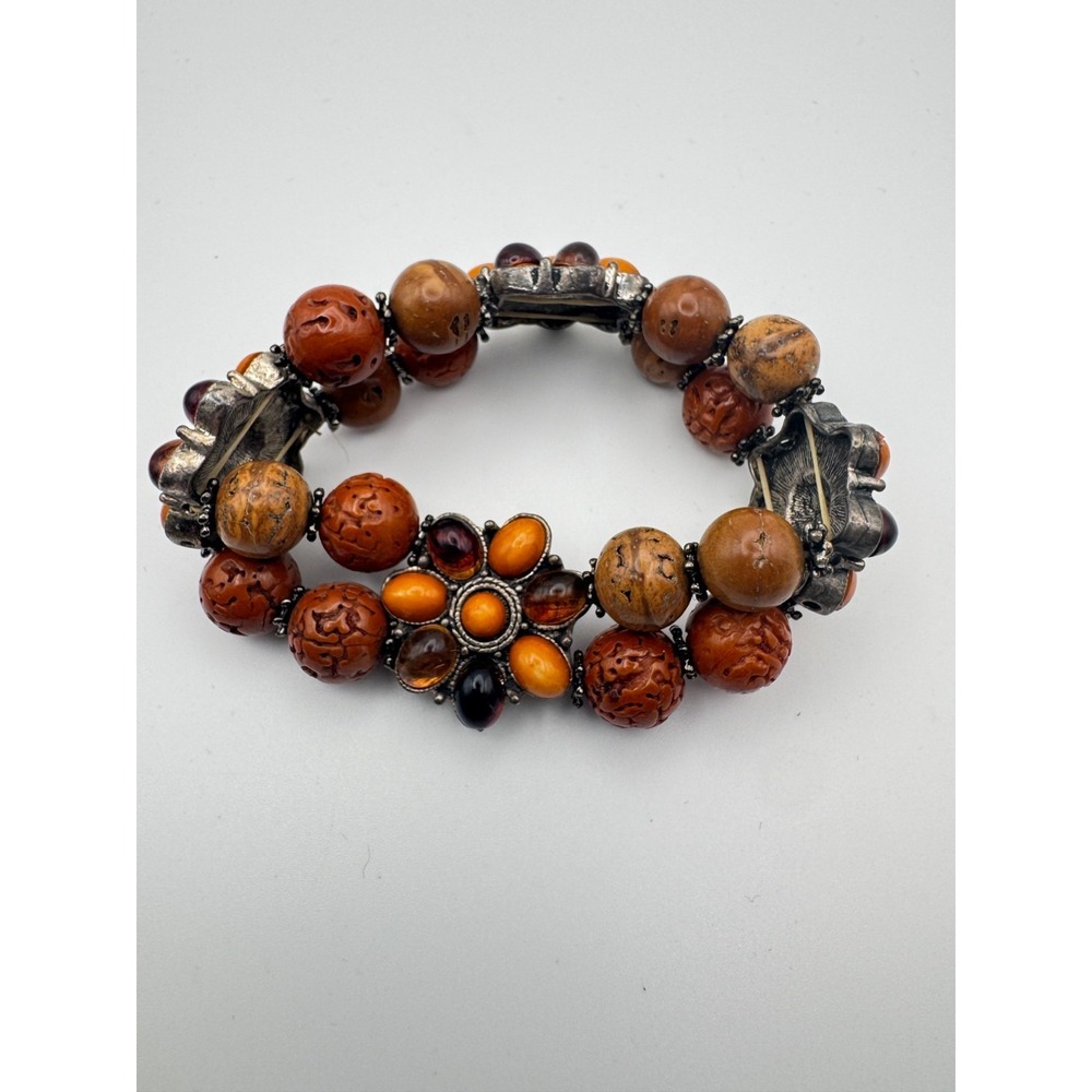 Vintage Boho Bracelet Carved Earth Tone Bead Double Strand Flower Stretch - Picture 7 of 9